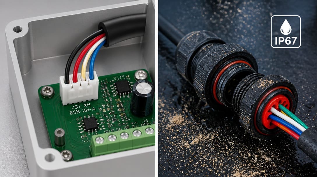 Open JST XH 2.50mm wire-to-board connector beside a sealed connector option for outdoor equipment installation