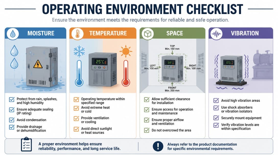Operating environment checklist illustration showing moisture, temperature, space, and vibration factors