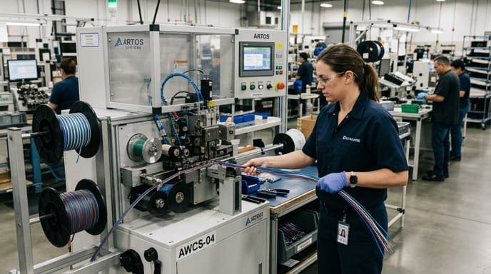 Operator performing automated wire cutting and stripping on a production line