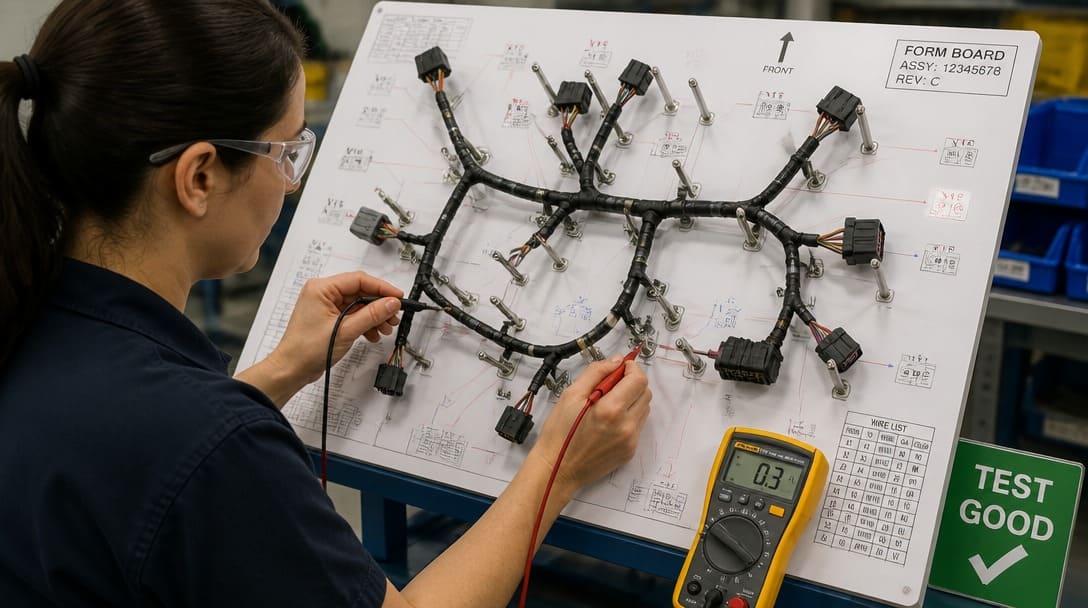 Operator performing continuity testing on a finished wire harness on a form board