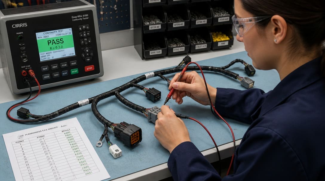 Operator performing continuity testing on a finished wire harness