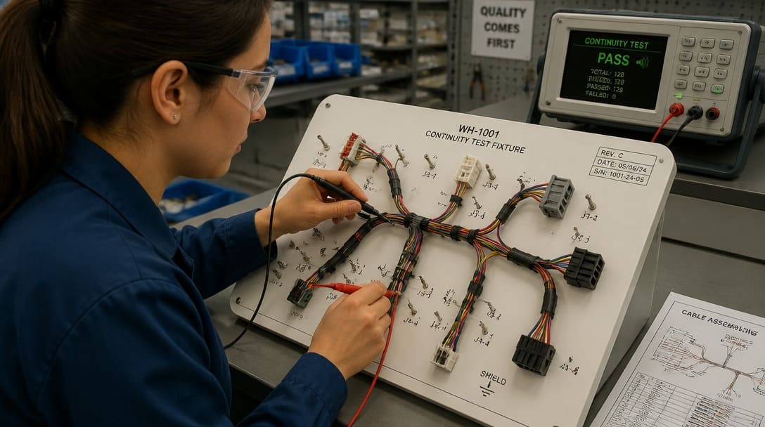 Operator performing continuity testing on a wire harness using a test fixture board