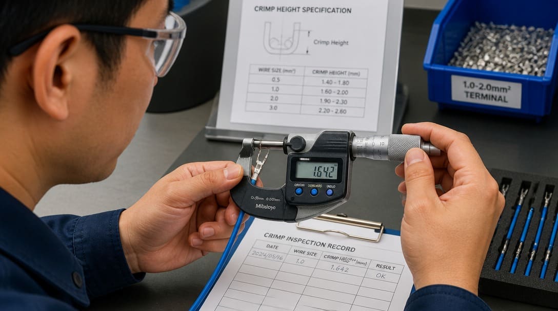 Operator performing crimp height measurement with digital micrometer