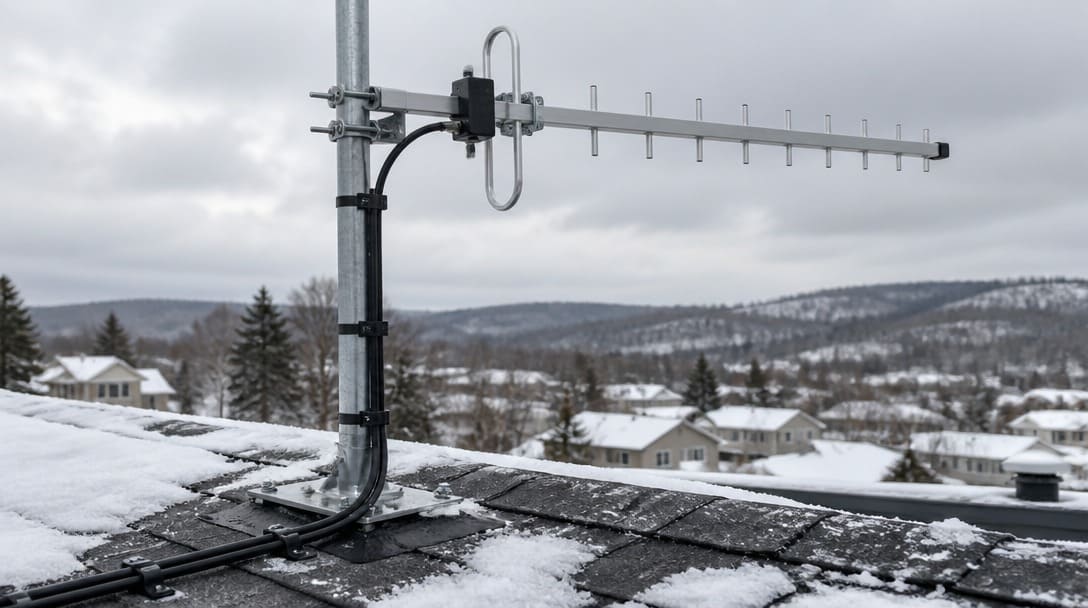 Outdoor antenna installation on a rooftop in winter conditions with coaxial feeder cable secured