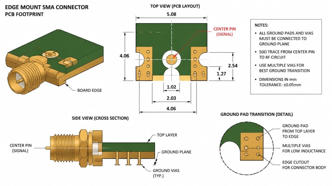 PCB edge mount SMA connector footprint showing board edge cutout, center pin orientation, and ground pad transition