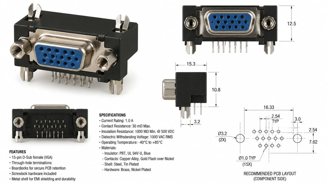 PCB-mount VGA connector with through-hole terminations, boardlocks, and screwlock hardware.
