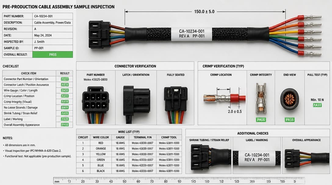 Pre-production cable assembly sample inspection with connector and crimp verification