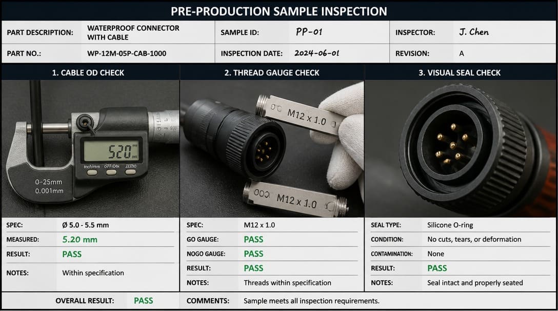 Pre-production sample inspection of waterproof connector with cable OD gauge, thread gauge, and visual seal check