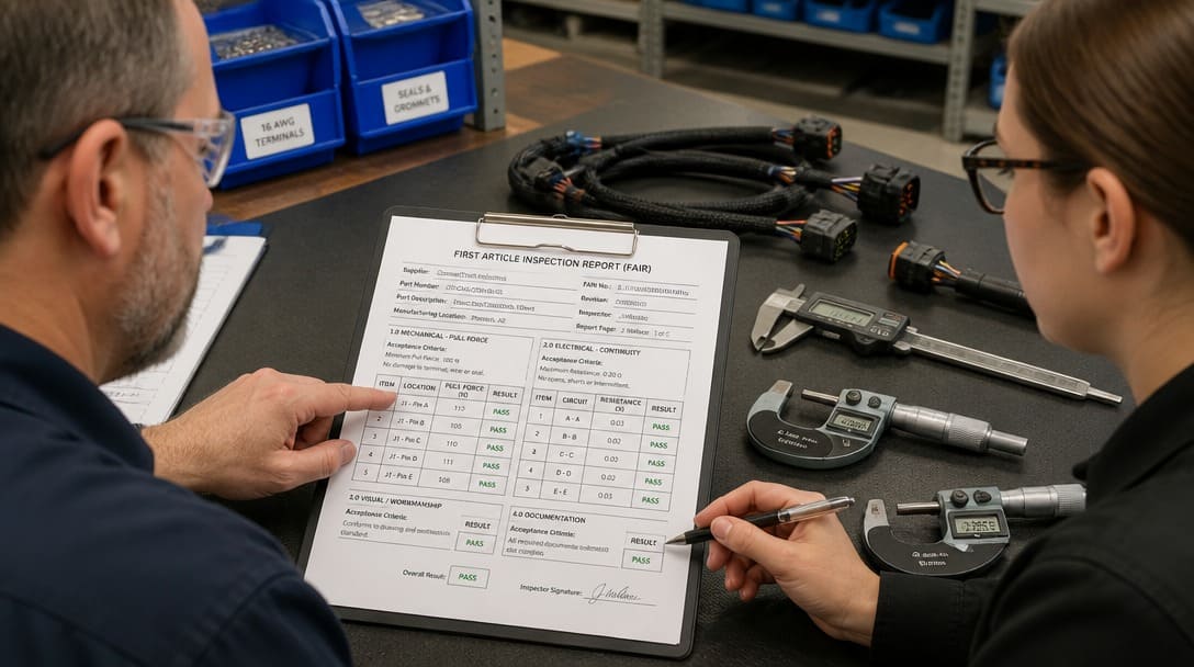 Procurement manager reviewing a first article inspection report with dual-column mechanical and electrical checklist