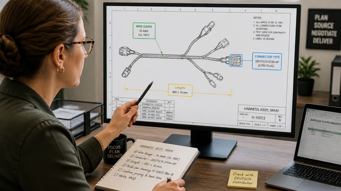 Procurement manager reviewing a harness drawing with highlighted callouts for wire gauge, connector type, and length annotati