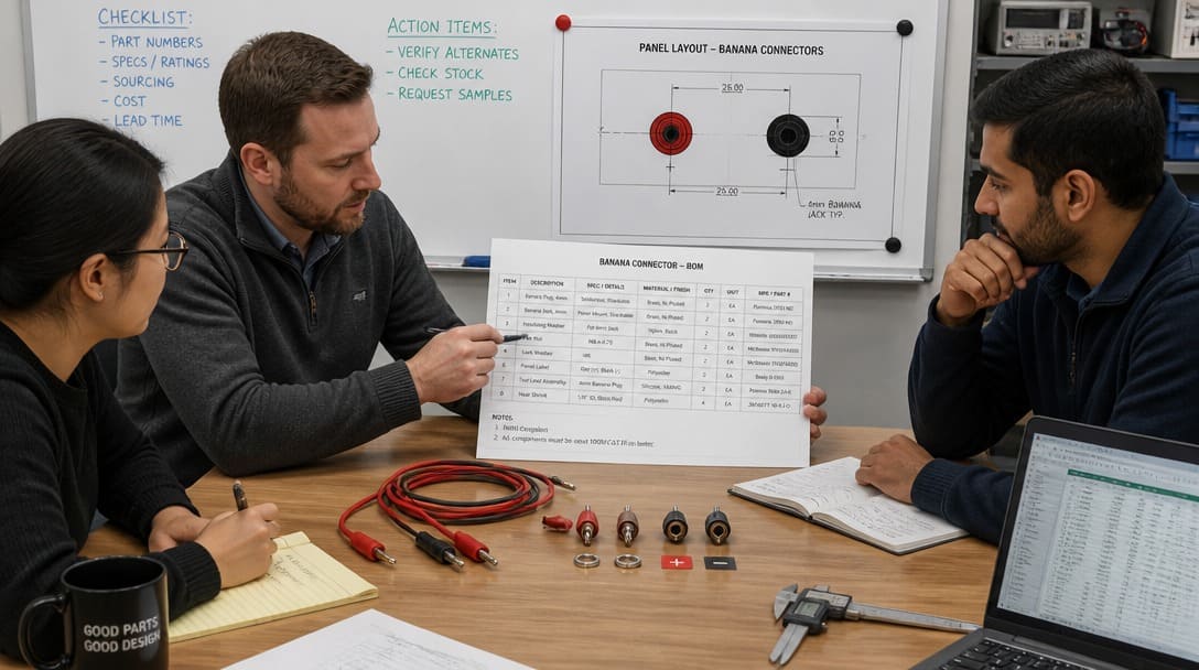 Procurement team reviewing banana connector BOM with panel drawing and sample leads on a workbench