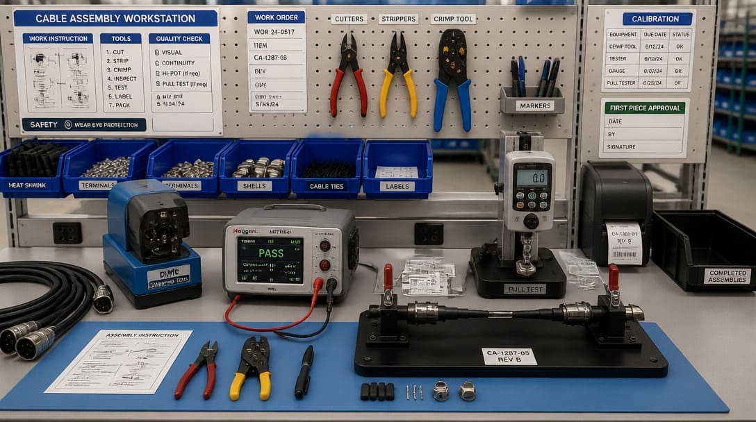 Production-coordinated cable assembly workbench with crimp tooling, continuity tester, and inspection fixtures