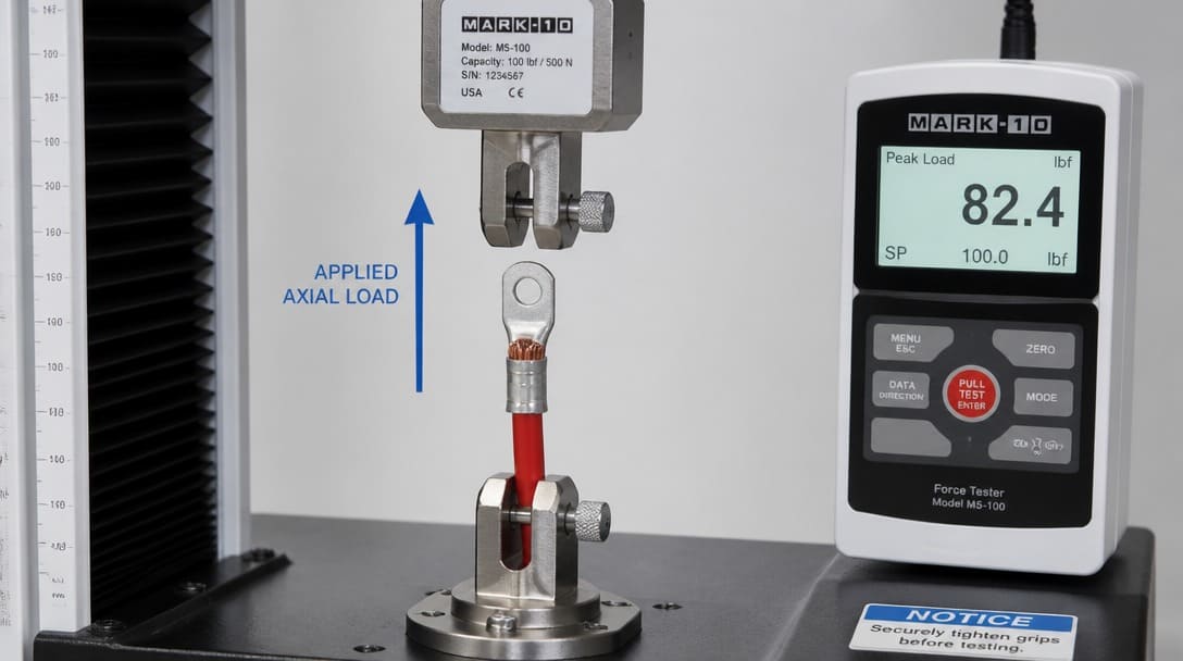 Pull force tester applying a controlled axial load to a crimped terminal