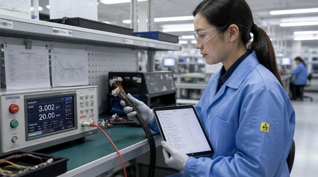 QA engineer comparing hipot test data sheet against incoming acceptance criteria