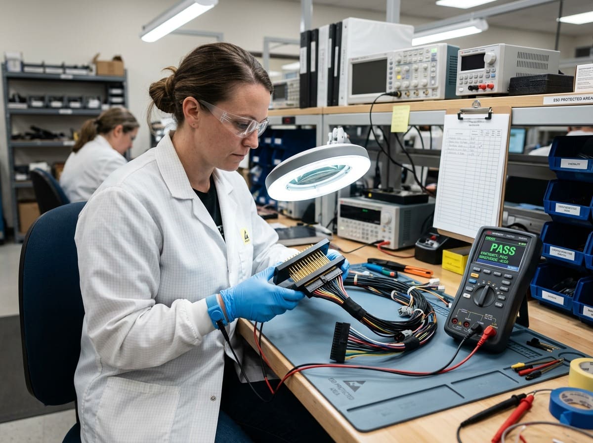 Quality control specialist performing a continuity test on a finished wire harness