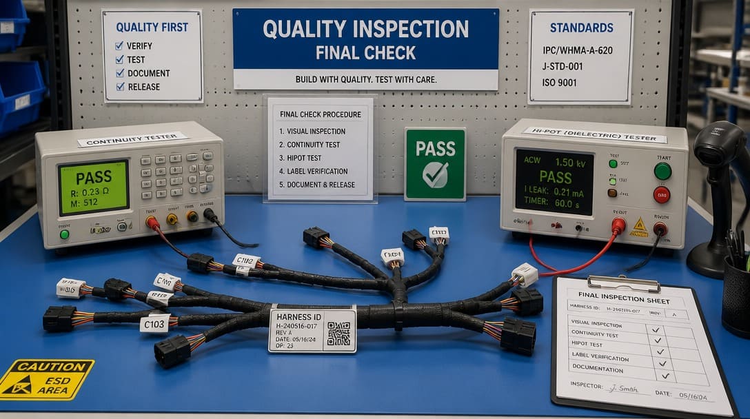 Quality inspection workstation with continuity tester, hi-pot equipment, and labeled harness ready for final check