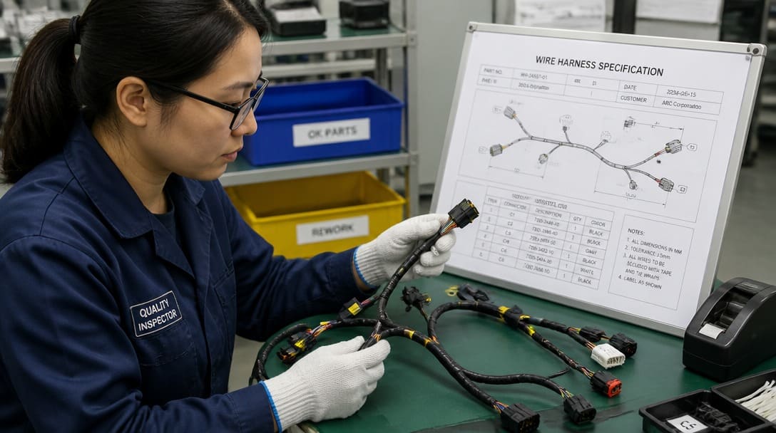 Quality inspector checking a wire harness against a specification sheet