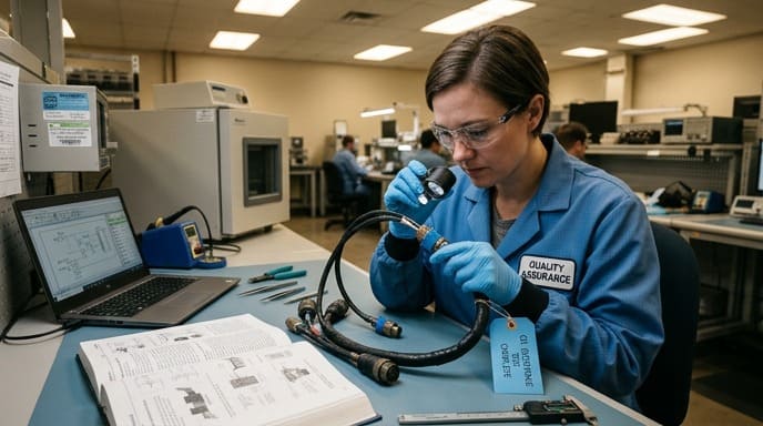 Quality inspector checking cable assembly against IPC/WHMA-A-620 criteria after oil resistance testing