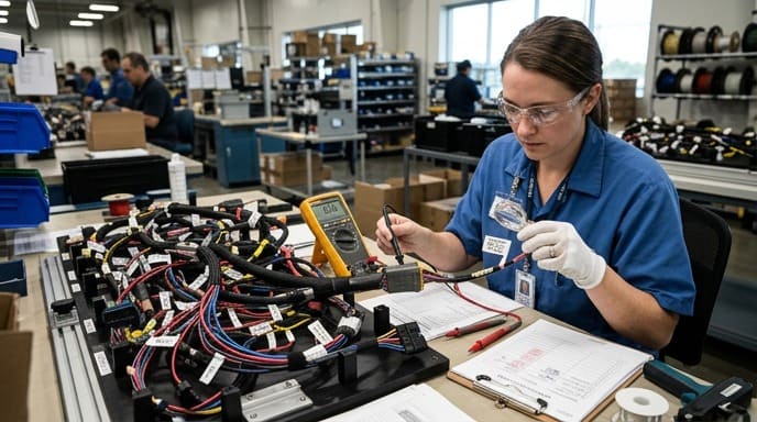 Quality inspector performing final continuity testing and label verification on a custom wire harness