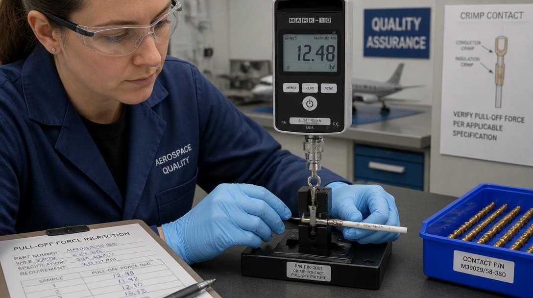 Quality inspector performing pull-off force measurement on aerospace crimp contacts with digital force gauge