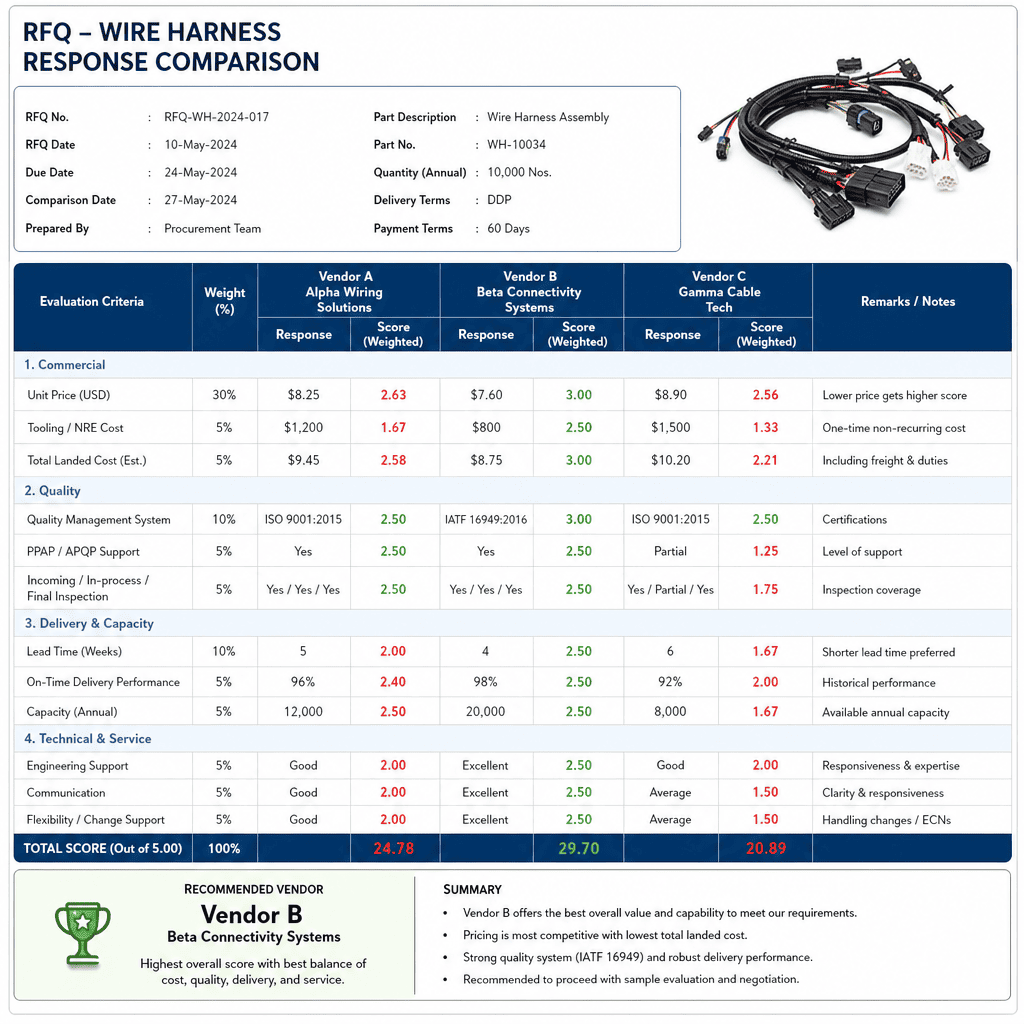 Supplier Response Quality RFQ Response Comparison