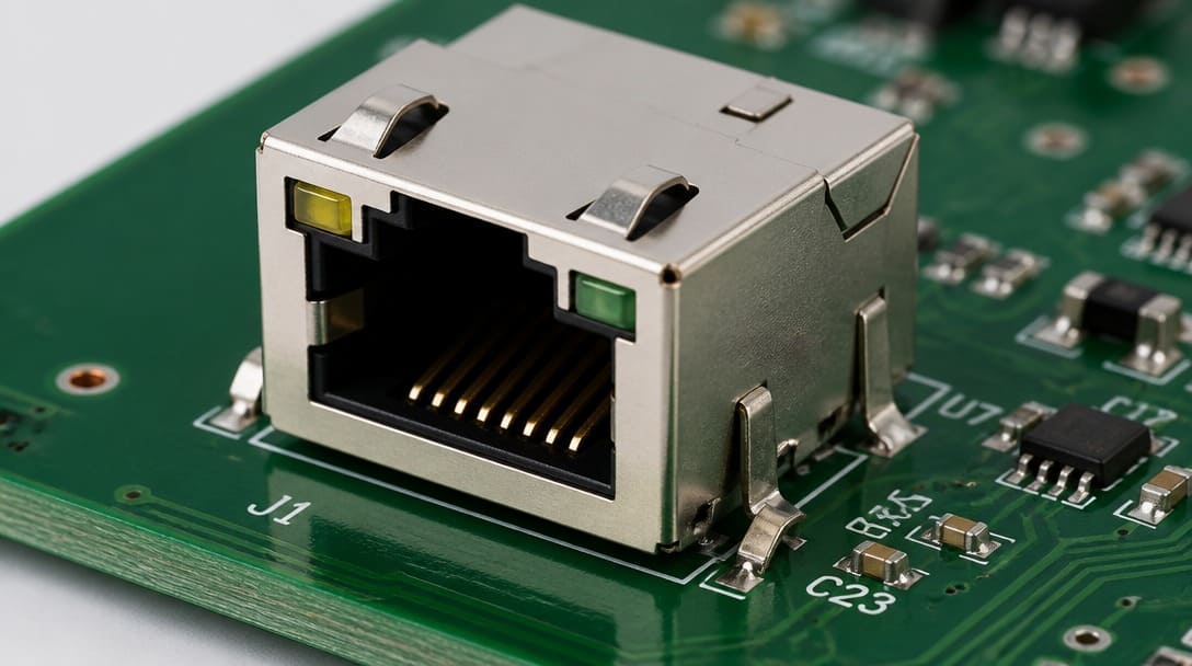 RJ45 jack with board locks and shield tabs mounted on a PCB