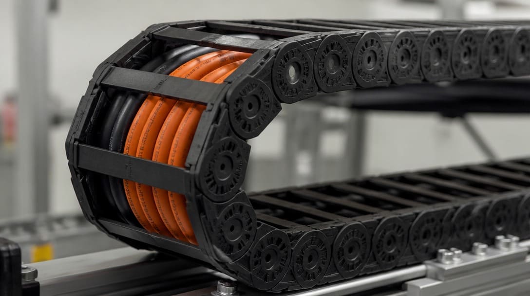 Robotic cable assembly bending inside a cable carrier with drag chain cable construction