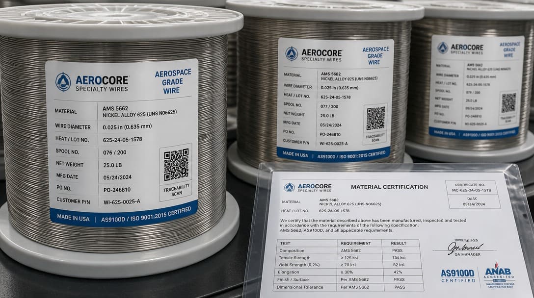 Rolls of aerospace-grade wire with lot traceability labels and material certifications