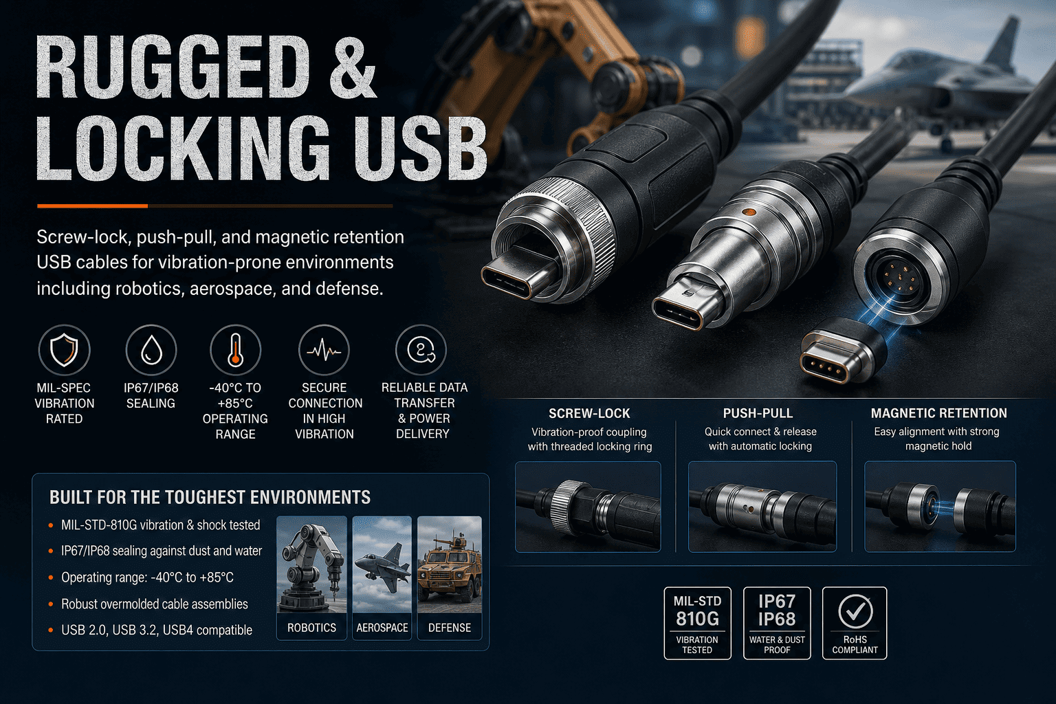 Rugged and magnetic USB cable assemblies for harsh environments