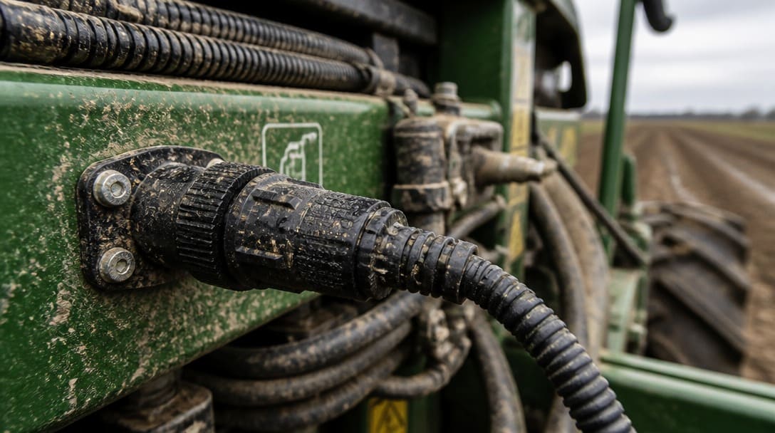 Rugged cable assembly installed on agricultural machinery with dust and moisture exposure
