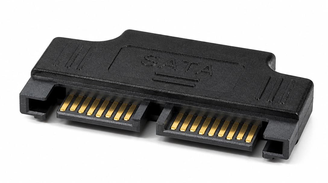 SATA connector with visible serial ATA pins on white background