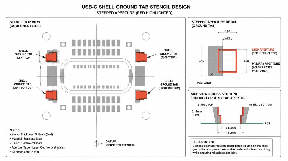 SMT stencil design with red highlighted stepped aperture for USB-C shell ground tabs