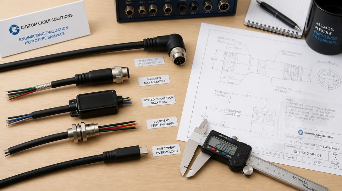 Sample cable assembly with TPE overmold and epoxy potted connector laid out for buyer evaluation