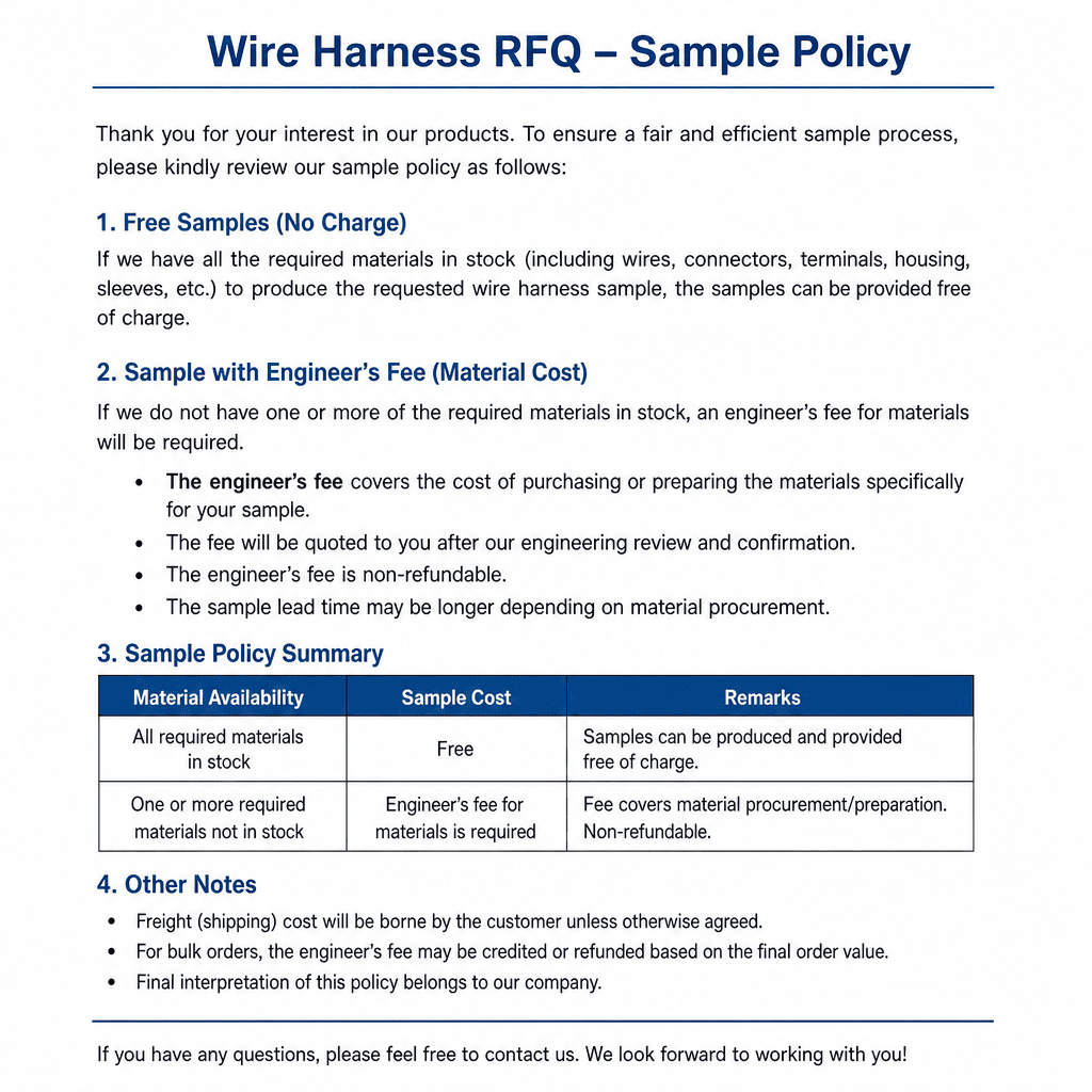 Wire harness sample lead time and inspection Sample policy for wire harness RFQ
