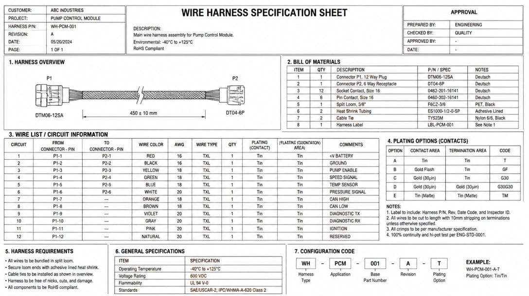 Sample wire harness specification sheet with fields for quantity, AWG, connector P/Ns, and plating options
