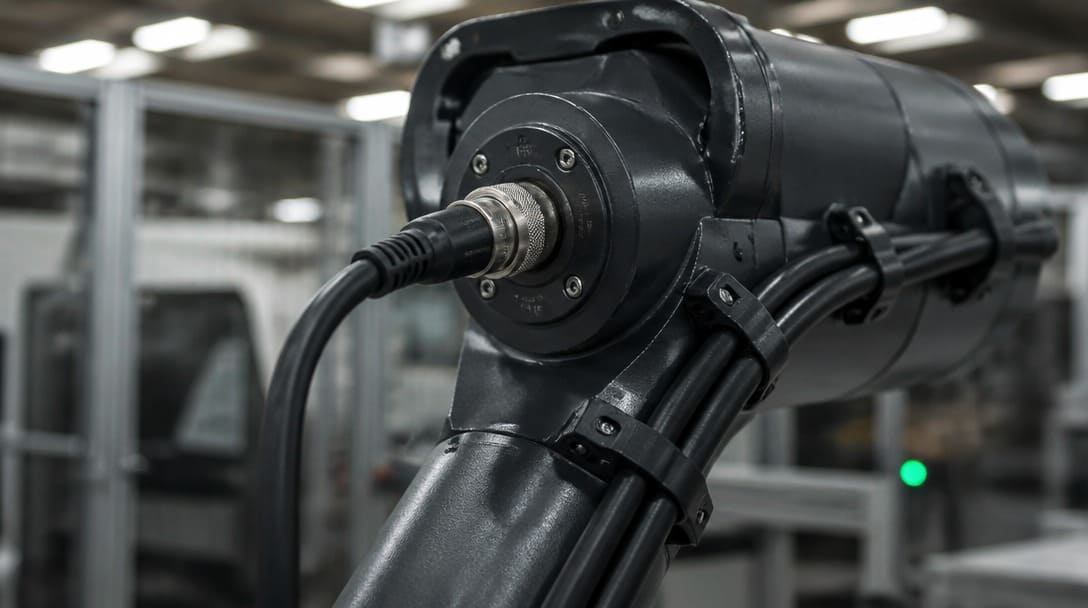 Sealed robotic cable assembly with M12 connector and high-flex cable routed through industrial robot arm
