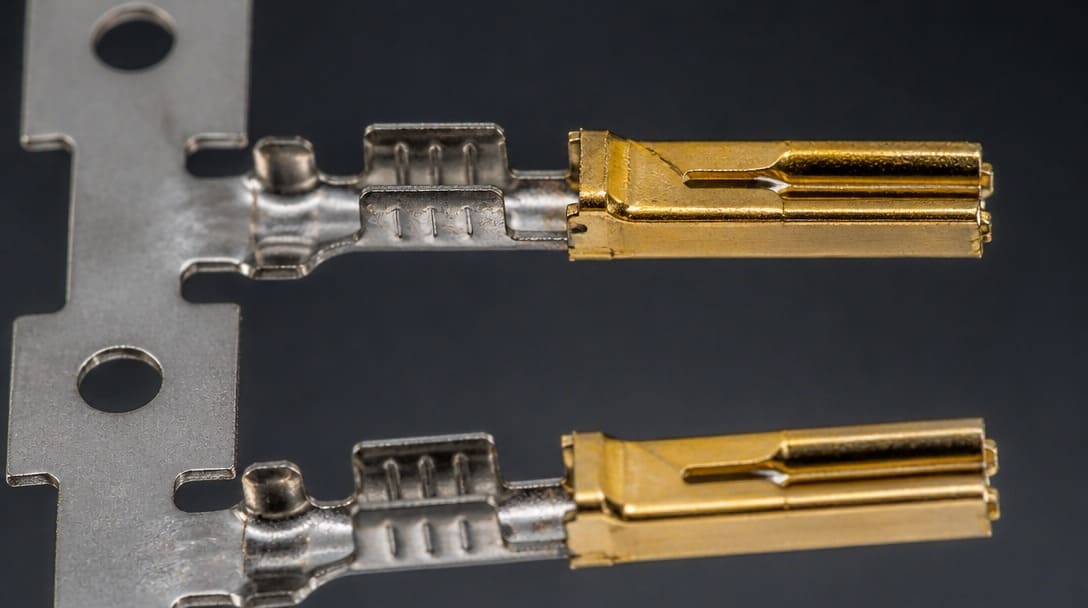 Selective gold plating transition zone on a stamped terminal with tin termination tail