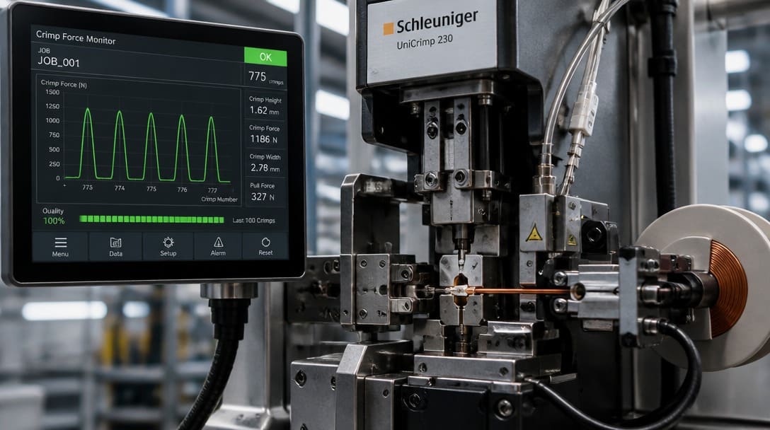 Semi-automatic terminal crimping press equipped with real-time crimp force monitor (CFM) sensor in wire harness production