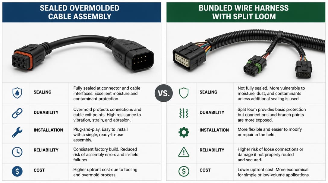 Side-by-side comparison of a sealed overmolded cable assembly and a bundled wire harness with split loom
