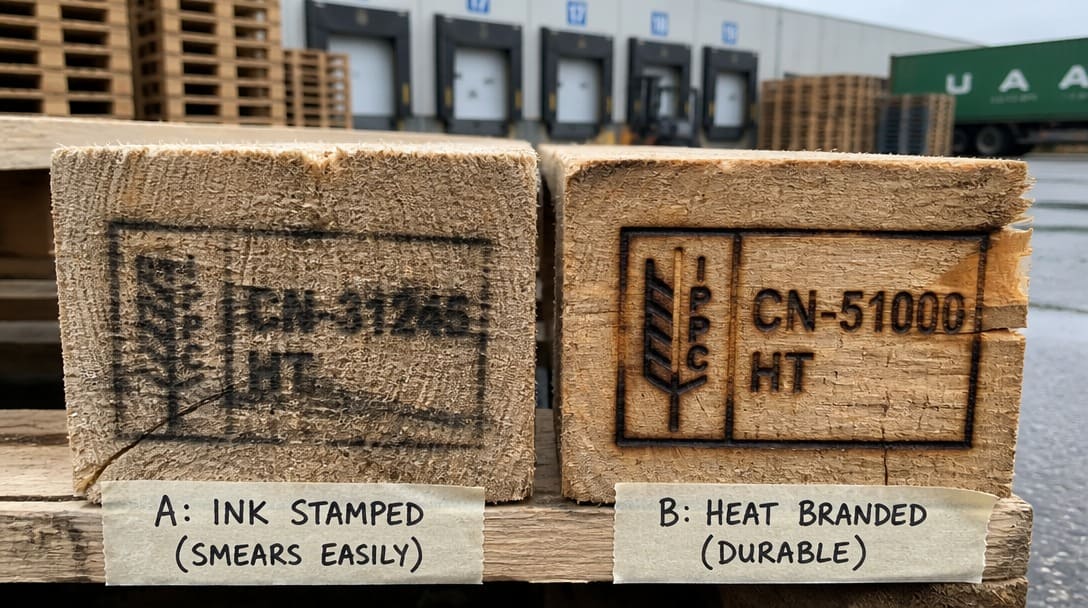 Side-by-side comparison of a smudged ink-stamped IPPC mark versus a durable heat-branded ISPM 15 mark on export wood pallets at a warehouse.