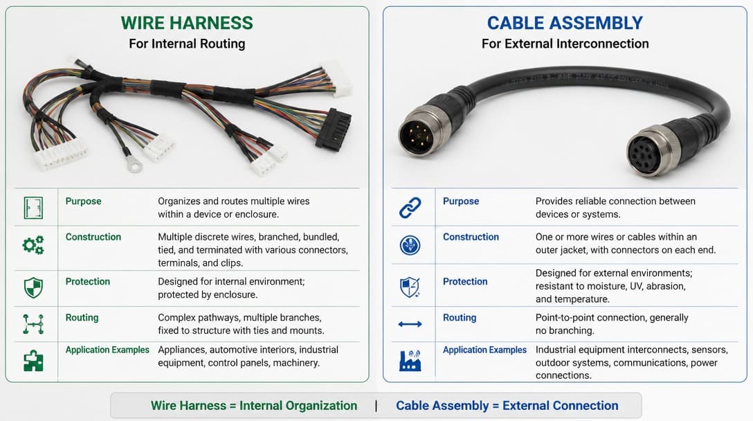 Side-by-side comparison of a wire harness for internal routing and a cable assembly for external interconnection