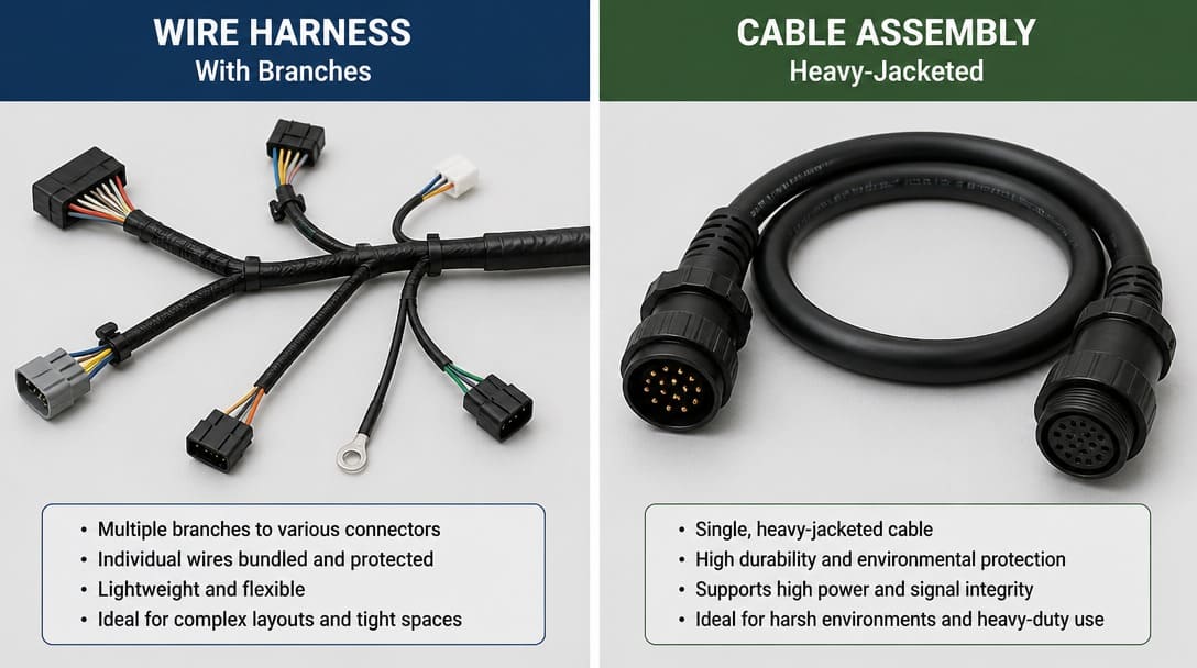 Side-by-side comparison of a wire harness with branches and a heavy-jacketed cable assembly