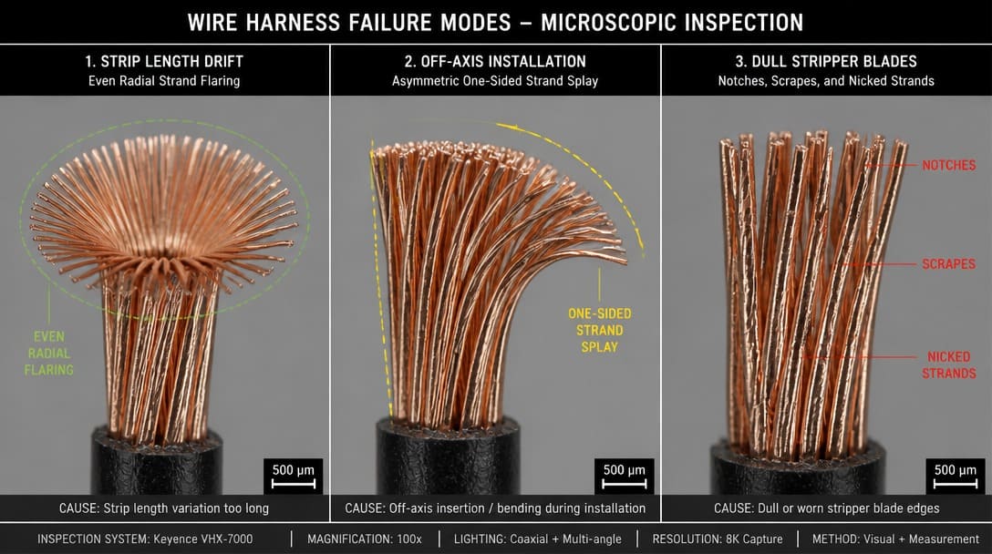 Side-by-side comparison of even strand flare, one-sided flare, and notched strand damage patterns
