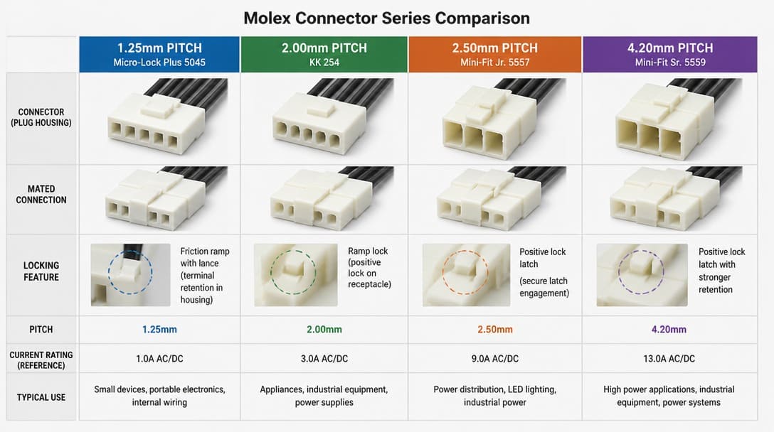 Side-by-side comparison of four Molex connector series with distinct pitches and locking features