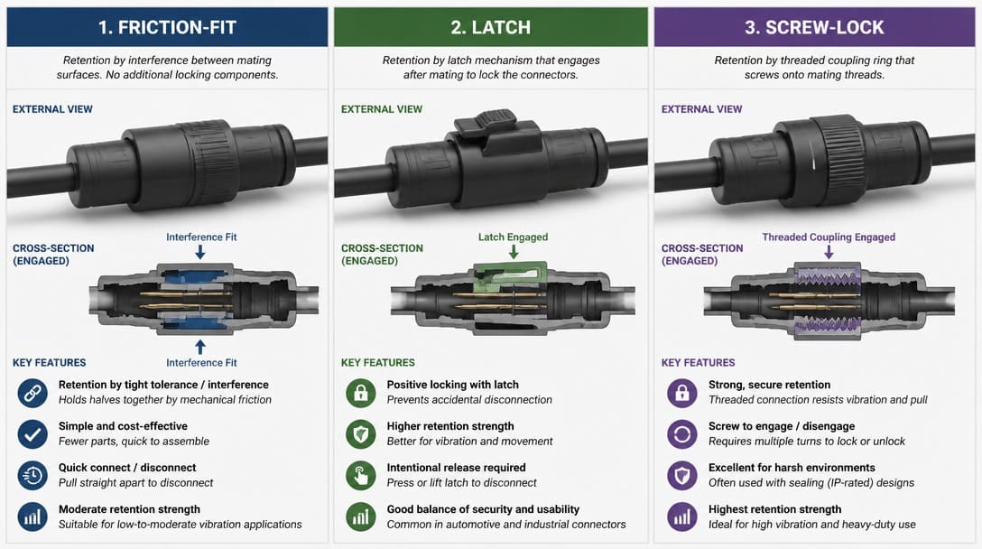 Side-by-side comparison of friction-fit, latch, and screw-lock connector retention mechanisms