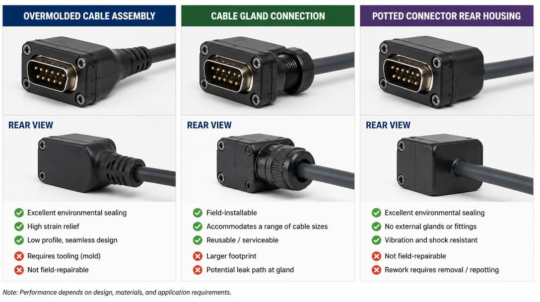 Side-by-side comparison of overmolded cable assembly, cable gland connection, and potted connector rear housing