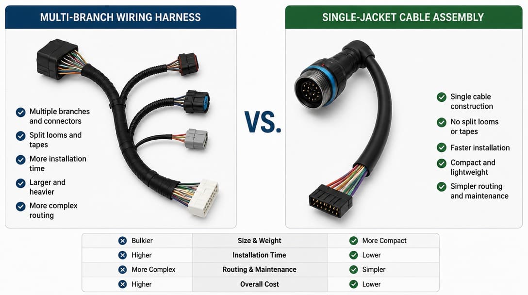 Side-by-side comparison showing a multi-branch wiring harness and a single-jacket cable assembly