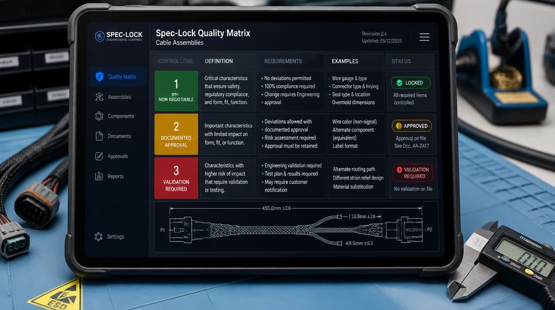 Spec-Lock Decision Tool table classifying wire gauge, pinout, UL style, and label content as non-negotiable