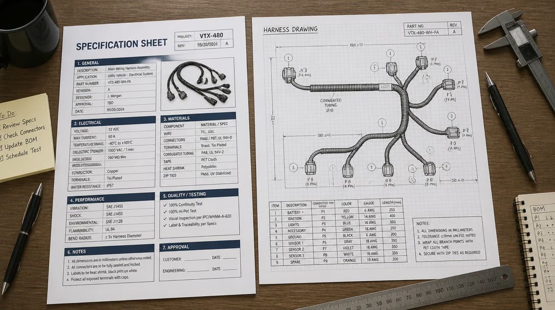 Spec sheet template and harness drawing on desk