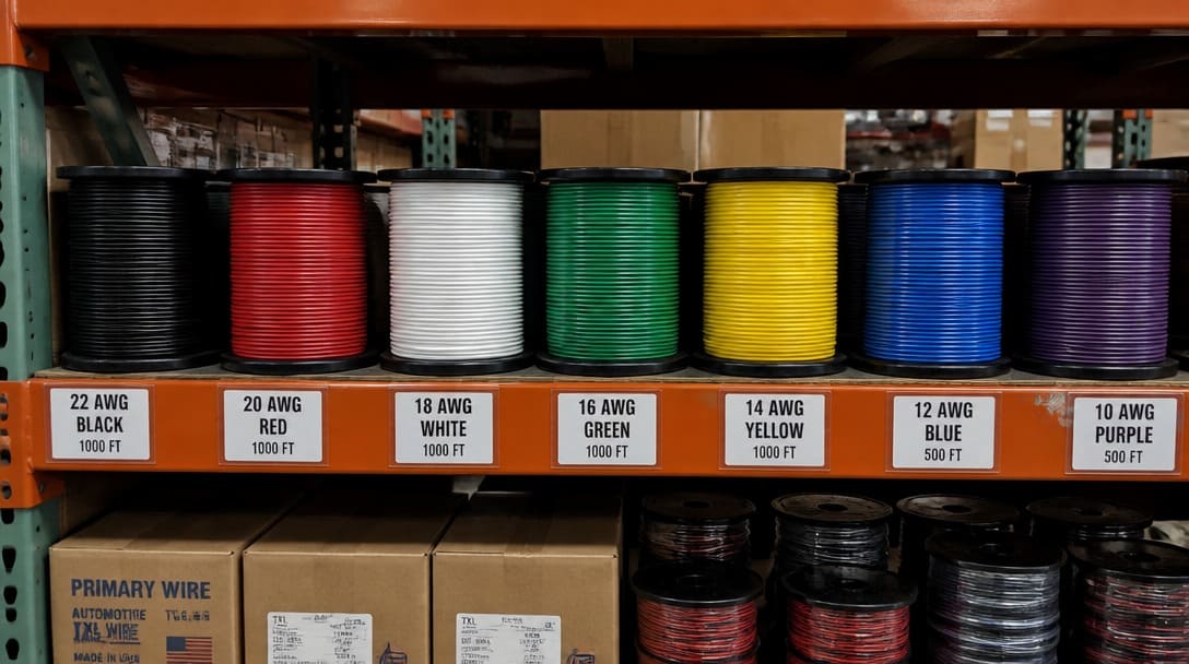 Spools of different gauge harness wire on a warehouse shelf